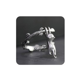 Funny Animal Cute kitty Little Cat Climb Branch Finger Ring Twig Thorns Tree Hanging Cat Pet Ring Open Adjustable for Women Delicate Jewelry-cat