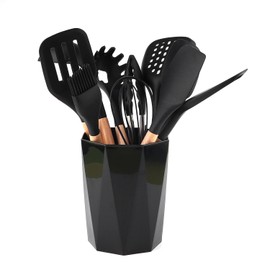 Silicone Utensil Set for Kitchen, 11PC Heat Resistant 446°F (230°C) Non-Stick Cooking Set with Wooden Handle Spatula Turner Ladle Basting Brush Spaghetti Spoon Whisks for Cooking Serving Tongs (Black)