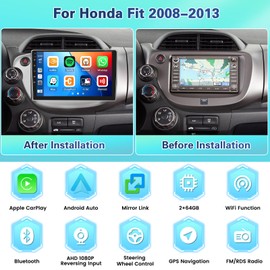 Fuluku【2+64G】 for Honda Fit 2008 2009 2010 2011 2012 2013 with Wireless Carplay Android 13 Carplay Radio Android Auto, 10.1' Touchscreen Stereo WiFi/Bluetooth/GPS/SWC/Mic/Backup Camera