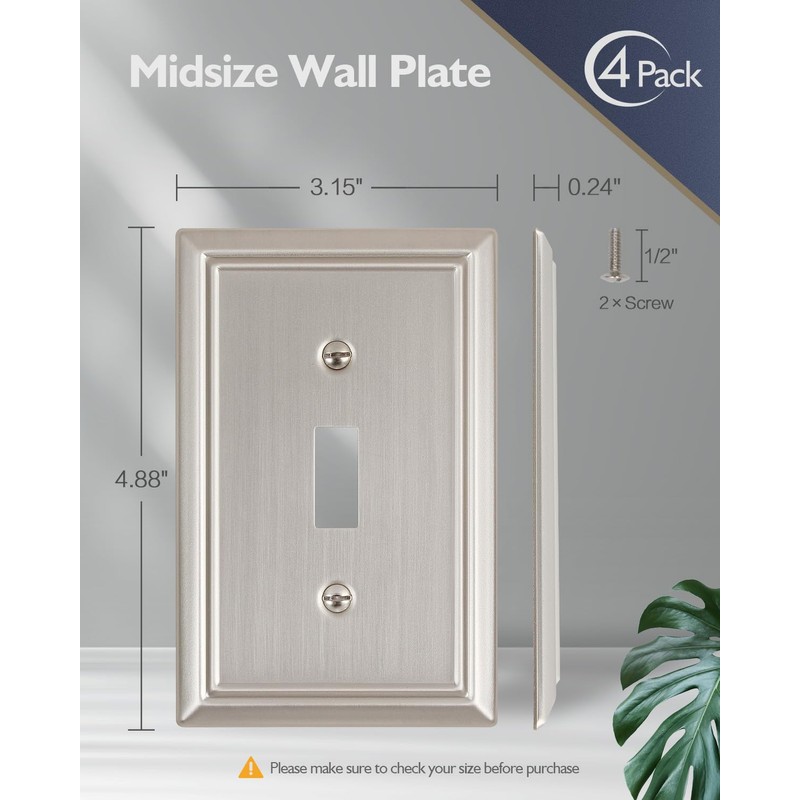 ZILLSEA 4-Pack Brushed Nickel Light Switch Covers, Durable Metal Toggle