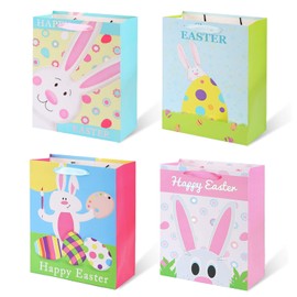 Vammy 13" Large Easter Gift Bag with Handles, 4 Pack Easter Paper Gift Bags (Cute Rabbit, Colorful Eggs, Happy Easter) for Easter Baskets, Easter Egg Hunts, Party Favors and Kids Presents
