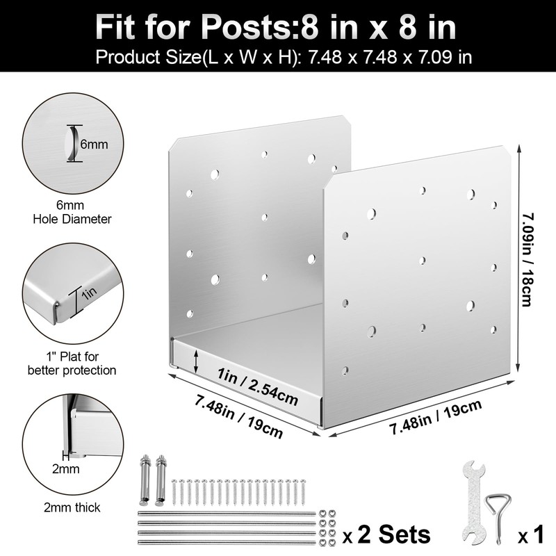 8"x 8" Post Base, 2Pcs Stainless Steel Adjustable Post Anchor