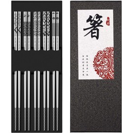 Chopsticks Stainless Steel 5 Pairs, Metal High Quality Reusable Chopsticks Titanium Chopsticks Holder, Environmentally Friendly Healthy Restaurant (Gift Packaging) (Chopsticks)