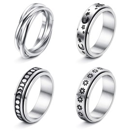 FUNRUN JEWELRY 4Pcs Stainless Steel Fidget Anxiety Ring for Women Men Fidget Spinner Rings Moon Star Celtic Stress Relieving Spinning Ring Wedding Band Rings Set Size 10