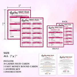 Ladies Night Party Feud Games, Girls Night Games, Ladies Night Out Games, Great for Bachelorette Party Game or Adult Trivia Game - 30 Ladies Feud Cards and 3 Fast Money Round Cards (01)