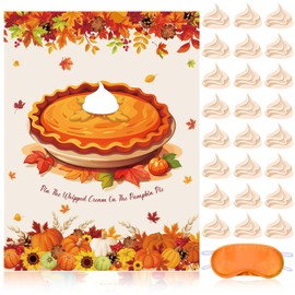 Faccito Thanksgiving Party Games Pin The Cream on The Pumpkin Pie with Blindfold Thanksgiving Gift Activities Fall Autumn Harvest Pumpkin Pie Pin Game Turkey Poster Party Supplies