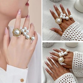 NOVYRA Pearl Ring For Women Stacking Baroque Ring Set Gold Silvery Imitation Pearl Hollowed-Out Joint Ring Set Adjustable Open Dome Rings Trendy Jewerly For Women, Metal, No Gemstone