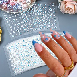 30 Sheets Flower Nail Art Stickers White Flower with Blue Crystal Diamond Nail Art Design Nail Decals, 3D Self Adhesive Flowers Nail Stickers Charms for Nails Decorations Manicure Accessories