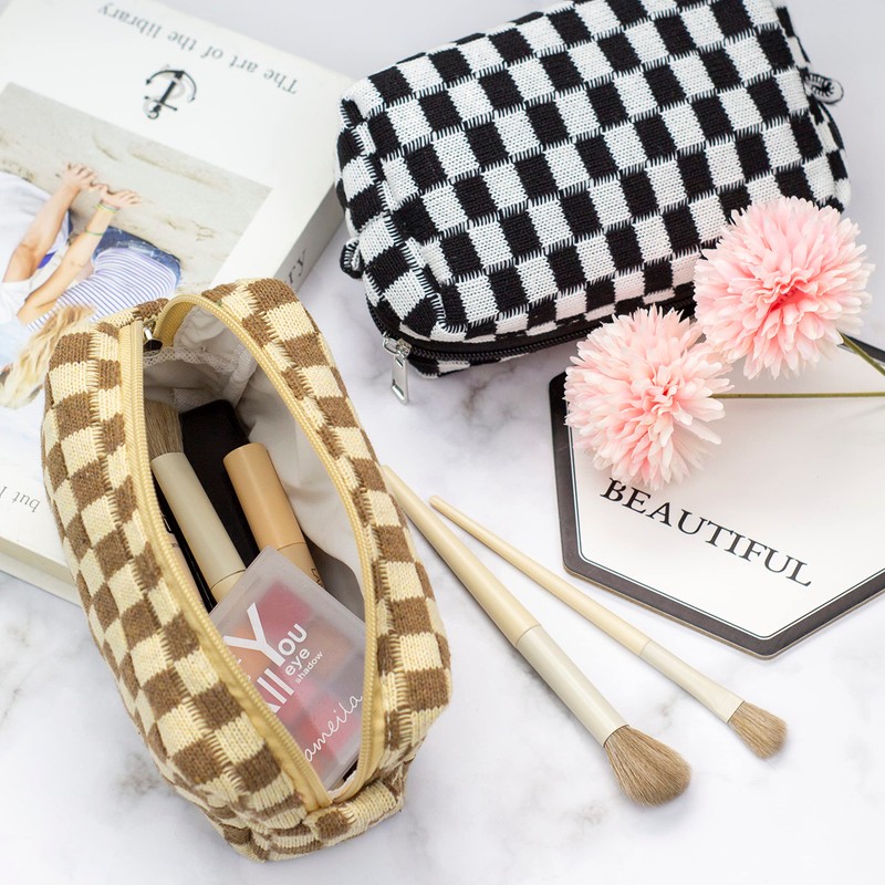 PAZIMIIK Checkered Makeup Bag for Purse Portable Zipper Make Up