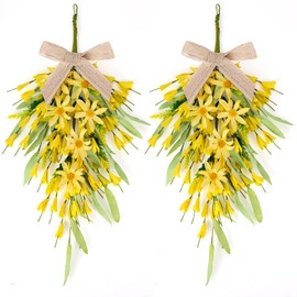 22" Forsythia Wreath Yellow Wreaths for Front Door 2 PCS Forsythia Teardrop Swag Front Door Wreath Summer for Farmhouse Home Porch Wall Window Festival Wedding Decor