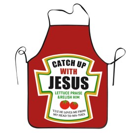 Shuwekk Christian Apron for Men Women, Funny Christian Cooking Kitchen Grilling Coffee Apron, Adjustable Bib Aprons with Extra Long Ties, Catch with Jesus, Red