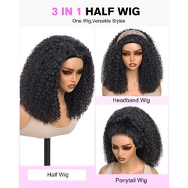 Kinky Curly Half Wig Human Hair 200 Density 3 In 1 Seamless Flip Over Half Wigs Glueless KinkyCurly Wigs Human Hair Beginner Friendly 360 Degree Flexi-fit Drawstring Headband Wig for Women 22 Inch