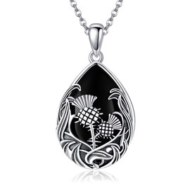 ONEFINITY Scottish Thistle Necklace, 925 Sterling Silver, Black Agate, Scottish Pendant, Scottish Thistle Jewellery for Women, Sterling Silver, Onyx