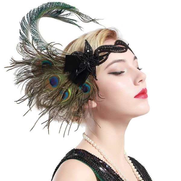 BABEYOND 1920s Flapper Headband Peacock Feather Headpiece Gatsby Accessories for Women Sequined Showgirl Headpiece (Style-4)