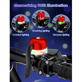 Bike Bell with RGB Lights, bike bell for 19/22.2/25.4/31.8mm handlebars, three light modes adjustment bicycle bell (Red)