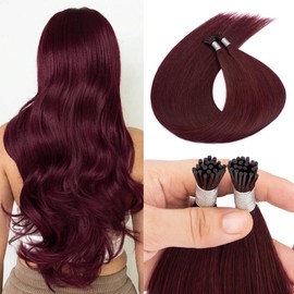 Kun Na I Tip Hair Extensions 50 Strands Pre Bonded Stick Tip Keratin Real Remy Human Hair Extension 50g/pack Burgundy Hair Straight (#99J, 18 inch)