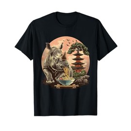 Rhino Eating Ramen Pagoda Tower Bonsai Tree Animal Art T-Shirt