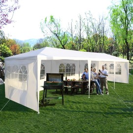 Tangkula 10'x30' Outdoor Canopy Tent Heavy Duty Party Wedding Event Tent Sturdy Steel Frame with 5 Removable Sidewalls Waterproof Sun Snow Rain Shelter Gazebo Canopy Tent, White