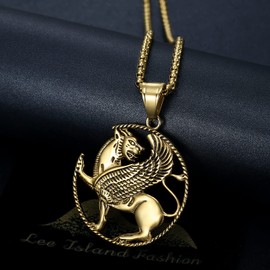 CJiePeiC 18K Gold Plated Saint Mark Lion With Wings Pendant Stainless Steel Necklace for Men Women, 24 Inch Chain Lion of Venice Jesus Christ Prayer Jewelry Gift