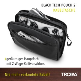 TROIKA Black Tech Pouch 2 - BBL64/BK - Cable Bag for Electronics Accessories - Large Compartment with 2-Way Zip and 6 Mesh Compartments, Tarpaulin - Black, Tarpaulin in black, Minimal