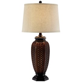 Country Cottage Tropical Style Table Lamp 29" Tall Brown Woven Wicker Pattern Beige Linen Drum Shade Decor for Living Room Bedroom House Home Dining Office Reading Entryway - Regency Hill