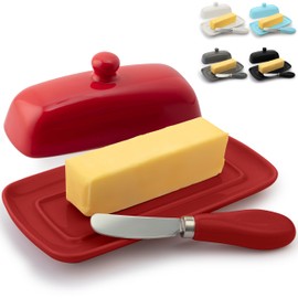 Zulay Kitchen Butter Dish With Lid For Countertop - Porcelain White, Ceramic Butter Dish with Knob Handle Great for Cooking - Elegant Design Butter Holder - Durable & Sturdy Butter Keeper - Red
