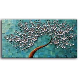 YaSheng Art - 100% Hand Painted Oil Painting On Canvas Texture Palette Knife Silver Flowers Paintings Modern Home Decor Wall Art Painting 3D Abstract Artwork Paintings (20x40inch)
