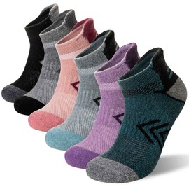 Velice Merino Wool Ankle Hiking Running Socks for Women Compression Thick Athletic Cushion Breathable No Show Socks 6 Pairs(Pink/Green/Purple/Grey/Black, Large)