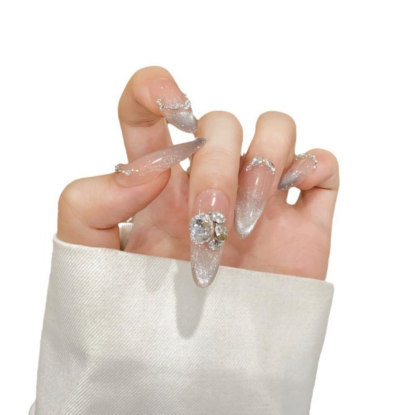 Press-On Nails, Long almond Shape, Handcrafted Rhinestone Silver Cat Eye