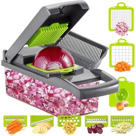 12 in 1 Multifunctional Vegetable Chopper - Stainless Steel Blades - Vegetable Slicer Dicer Cutter with Container - Pro Onion Chopper - Grey