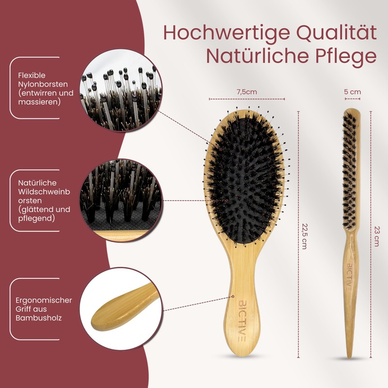 BICTIVE® Set von 2 Wildschweinborsten Bürsten mit Toupierkamm. Naturhaarbürste, Sleek