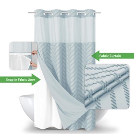 eachope Stall No Hook Boho Farmhouse Shower Curtain with Snap-in Fabric Liner set-54Wx80H(78H),Tufted Chevron Striped Hotel Grade Cloth Shower Curtains for Bathroom,Water Repellent,Fog Blue