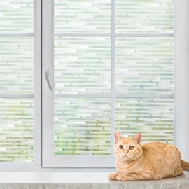 rabbitgoo Window Privacy Film, Frosted Glass Window Film Sun Blocking, Static Cling Privacy Decorative Cling Non-Adhesive Glass Covering, Striped Tint with Rainbow Square, 17.5 x 78.7 inch