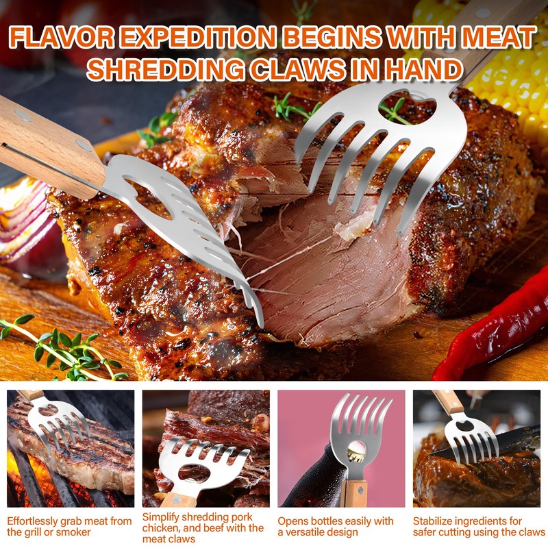 Stainless Steel Meat Shredder Claws with Long Wooden Handles for