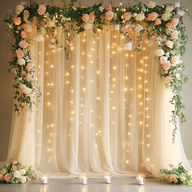 Fomcet Tulle Backdrop Curtains Champagne 10FT X 8FT Tulle Curtains with Lights String Sheer Backdrop Curtains for Parties Wedding Baby Shower Photo Shoot Decorations (2 Panels 5 x 8FT)