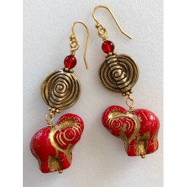 Czech Red Elephant Earrings, Premium Czech Glass, Scarlet Red Gold Glass Elephants, Solid Brass Spiral Coin, Ethnic, Boho, Animal Lover.