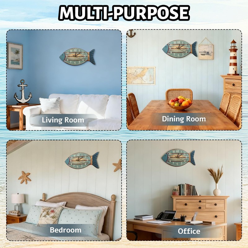 Cunno Silent Beach Wall Clock Wooden Non-Ticking Coastal Sea Fish