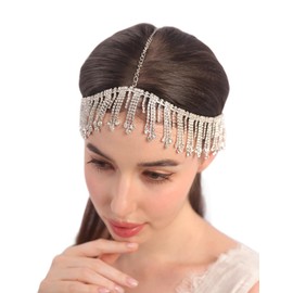 Teyglen Boho Forehead Crystal Head Chain Sparkly Head Jewelry Wedding Rhinestone Head Chain Silver Headpiece Costume Hair Accessories for Women (Silver)