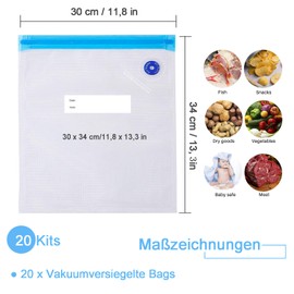 Vacuum Freezer Bags, Pack of 10 Vacuum Sealed Bags Kit, Includes 20 White Zip Clips, Each 26 x 40 cm, for Food Storage and Sous Vous Cooking, BPA-Free, Transparent