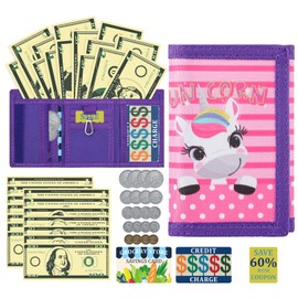 DEEKI Kids Wallet with Zipper and Keychain, Novelty Purse with 37 PCS Play Money Set for Boys and Girls Learn Math, Coin Purse with Card Pockets for Children 3-15, Toddler Party Birthday Gifts -D2