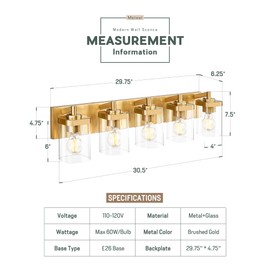 METWET Bathroom Light Fixtures, 30" Brushed Gold Vanity Light, 5-Light Modern Wall Sconces with Square Clear Glass Shade, Vanity Lighting Fixtures Over Mirror, VL194-BG-5
