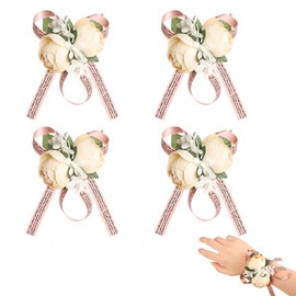 Ancuioyz Wrist Flower, Flower Bracelet, Wedding Flower Bracelet, Bridesmaid Wrist Flower, Artificial Flower Leaf Bracelet for Wedding Theme Party Decoration (4 Pieces Light Yellow), Silk Flower