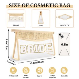 UIXIZQ Pequeñas bolsas de maquillaje bohemias de paja transparente para mujeres y niñas, bolsa de cosméticos con cierre, bolsa de parches de letras universitarias de chenilla, bonita bolsa de aseo preparada, bolsa de almacenamiento organizadora de moda p