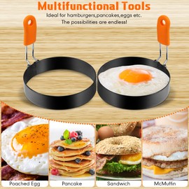 6 Pcs Professional Egg Ring Pancake Ring Set Stainless Steel Fried Egg Ring Griddle Pancake Shapers with Orange Silicone Handle for Breakfast Omelette Sandwich (Assorted Style, 3, 3.5, 4, 6, 8 Inch)