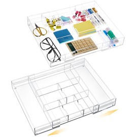 Briwooody 2 Pcs Expandable Desk Drawer Organizer Acrylic Drawer Organizer Trays with 8 Adjustable Compartments Desk Accessories for Makeup Silverware Office Bathroom