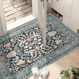 Dotiiorug Washable Small Area Rug 2x3 Non Slip Throw Rugs for Kitchen Floor Bathroom Entryway Bedroom Bedside, Front Door Mat Indoor Entrance Vintage Boho Floral Dark Carpet