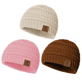 Durio Warm Baby Beanie Soft Knit Baby Girl Hats Infant Newborn Baby Winter Hat Caps Baby Girl Beanie Toddler Girl Winter Hat Cozy Newborn Hats for Baby Girls A Pink & Apricot & Brown 6-36 Months