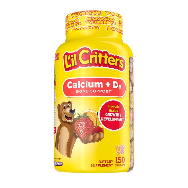 L’il Critters Calcium + D3 Daily Gummy Supplement for Kids, for Bone Support, Orange, Strawberry and Cherry Flavors, 150 Gummies