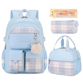 VIRTUREVI 3PCS School Backpack For Student Women College Middle High Teen Girls Bookbag Waterproof Laptop Bag Plaid Blue