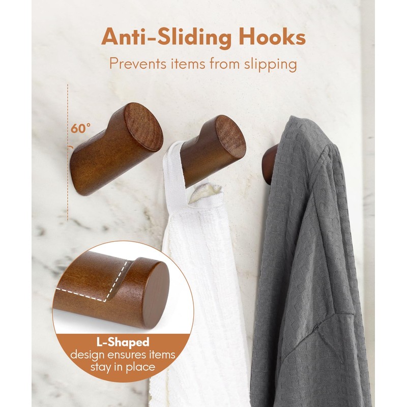 Optish Wood Wall Hooks for Hanging, 4 Pack Hat Hooks